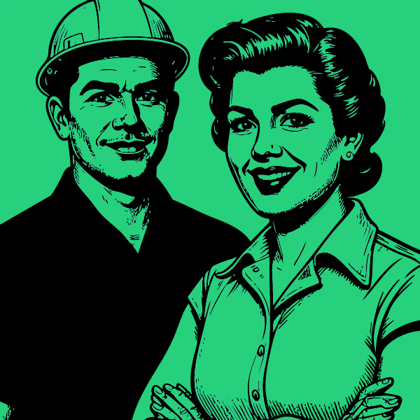 Deux travailleurs en uniforme, un homme et une femme.