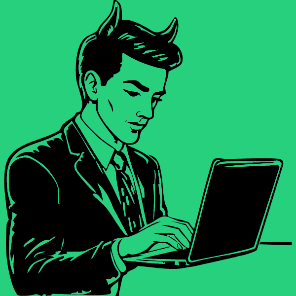 désinformation Icone de la désinformation. Un homme avec des cornes de diable partage une fausse information.
