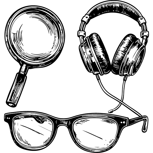 outils gris Image représentant des écouteurs, une paire de lunette et une loupe.