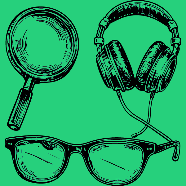 Image représentant des écouteurs, une paire de lunette et une loupe.