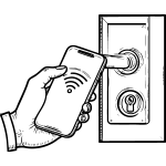 ouverture porte Icone représentant l'ouverture d'une porte grâce à un téléphone cellulaire.