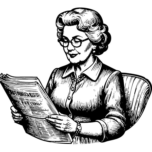 titre Une dame regarde le journal attentivement.