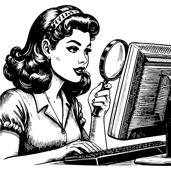 vérifier la source Une femme regarde l'écran de son ordinateur à l'aide d'une loupe.