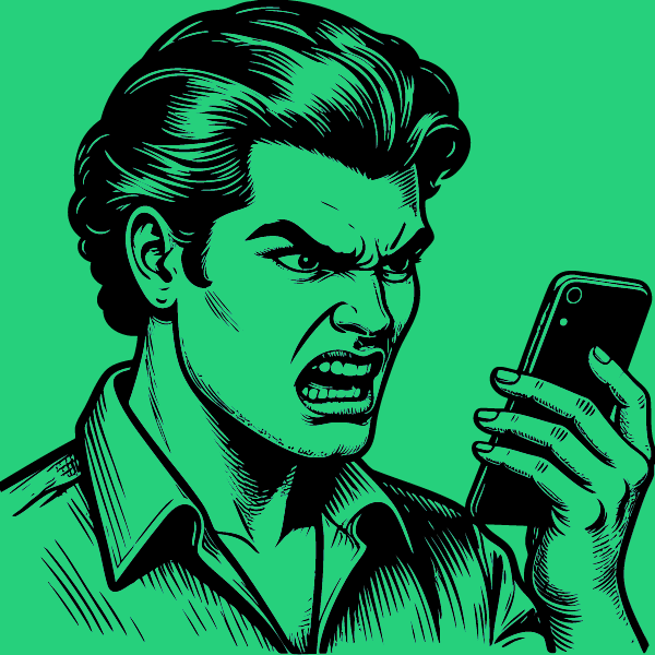 Un homme fach&eacute; regarde son cellulaire.