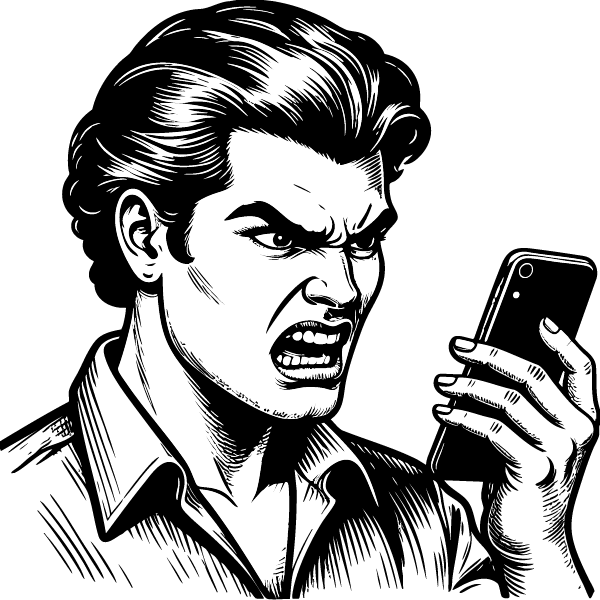 Un homme fach&eacute; regarde son cellulaire.