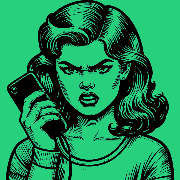 Une femme f&acirc;ch&eacute;e regarde son cellulaire.