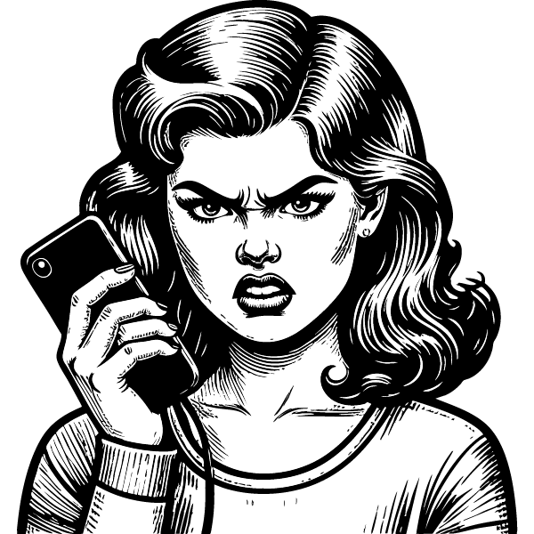 Une femme fach&eacute;e regarde son cellulaire.