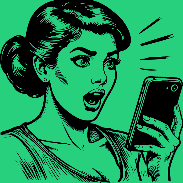 Une femme surprise regarde son cellulaire.