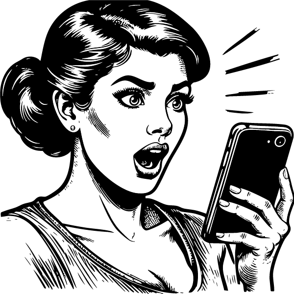 Une femme surprise regarde son cellulaire.